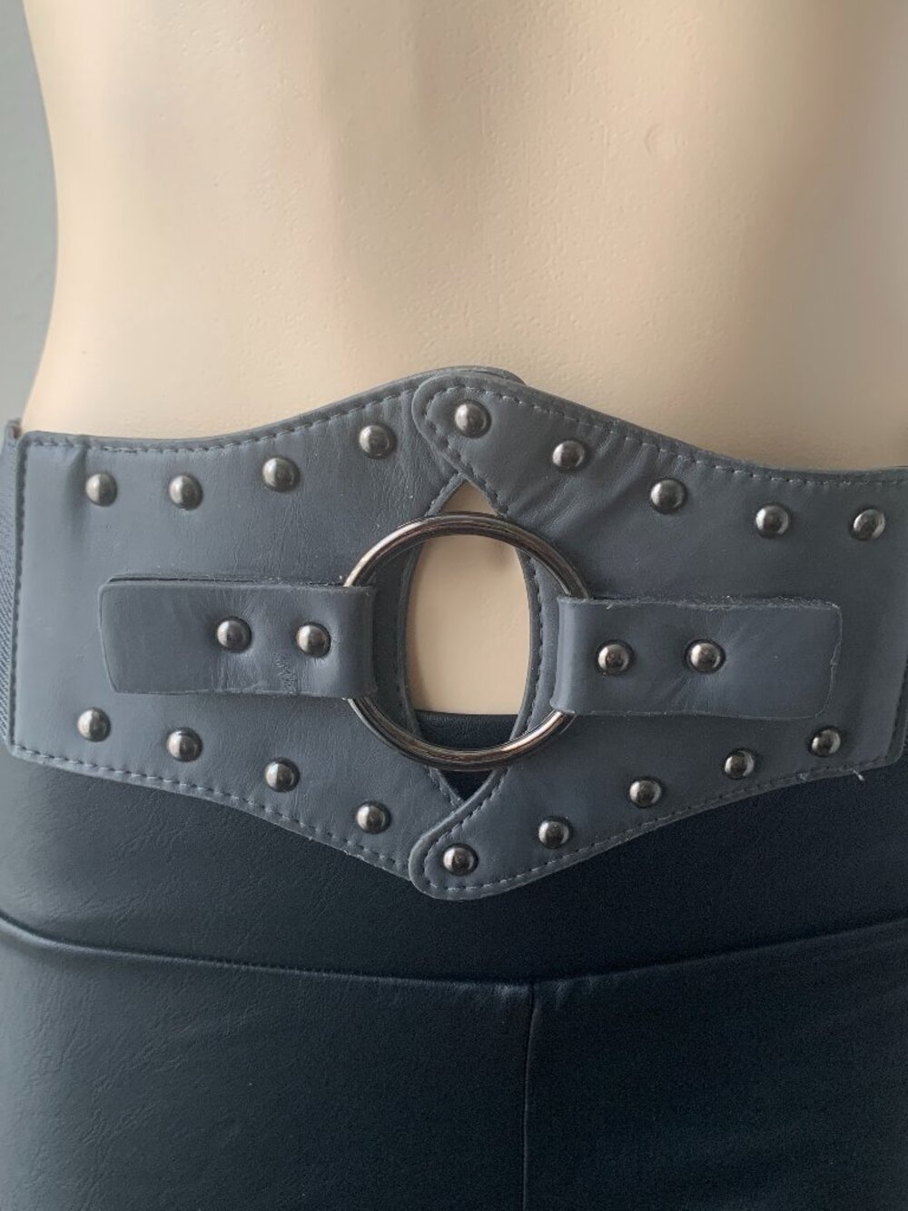 Gray Studded Wide Elastic Waist Belt Metal O Ring Cinch Corset Y2K